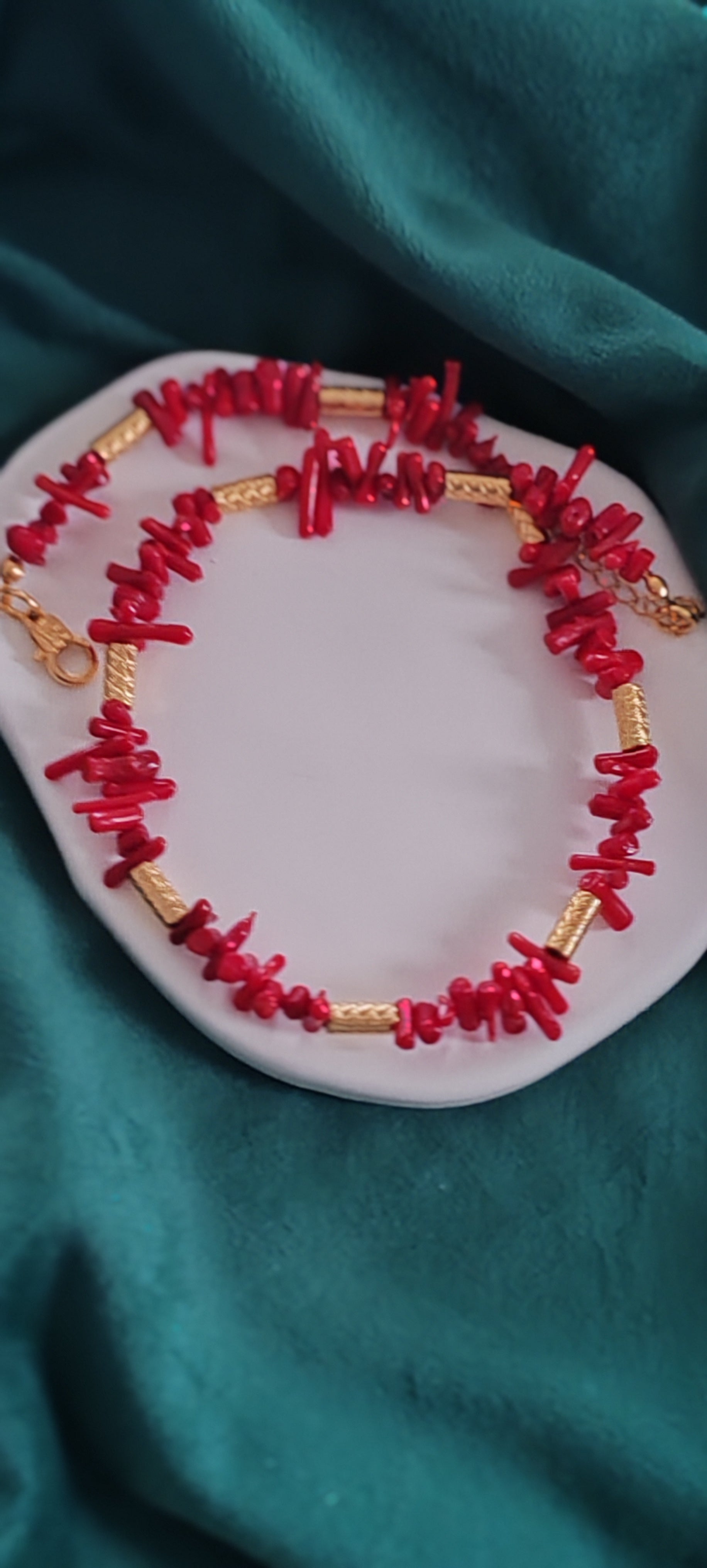 Red Coral Choker & Bracelet Set  18k Gold Plated