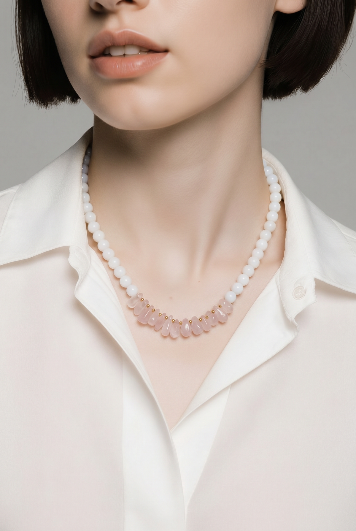 Handmade Rose Quartz & White Chalcedony Necklace – A Symbol of Love & Calm