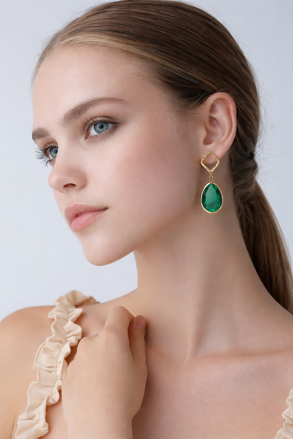 Green Cat's Eye Square Frame Earrings  18k Gold Plated