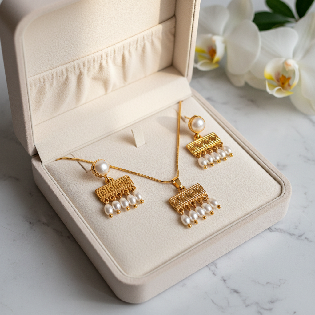 Gold-Plated Greek Style Set with Natural Pearls