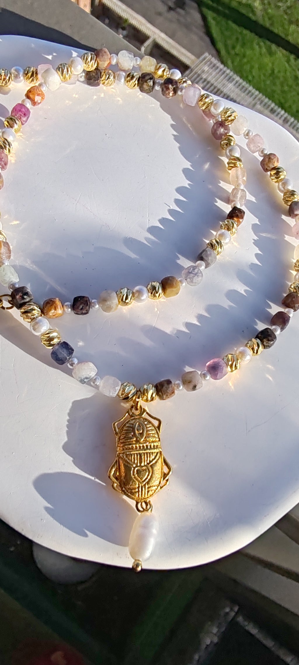 Pearl & Amethyst Scarab Necklace  18k Gold Plated