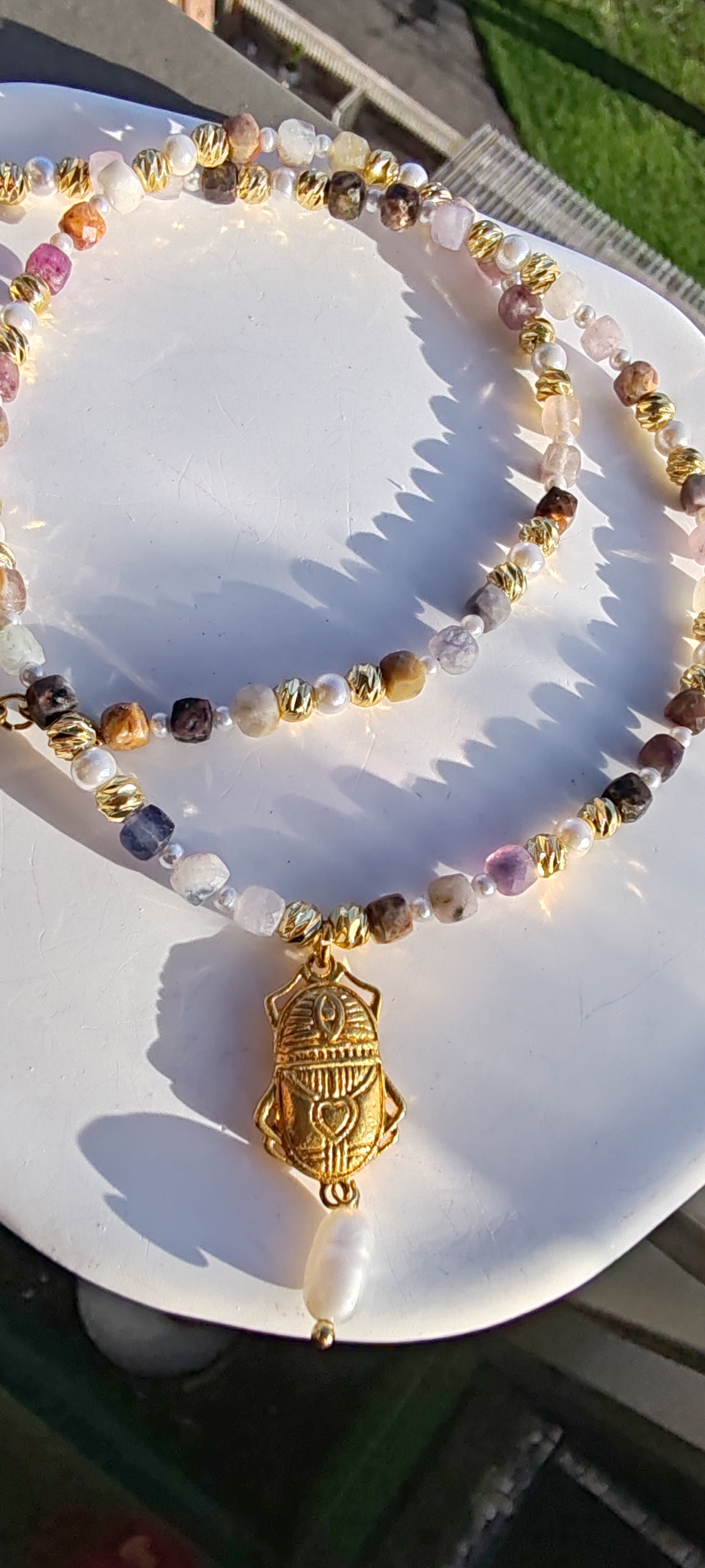 Pearl & Amethyst Scarab Necklace  18k Gold Plated