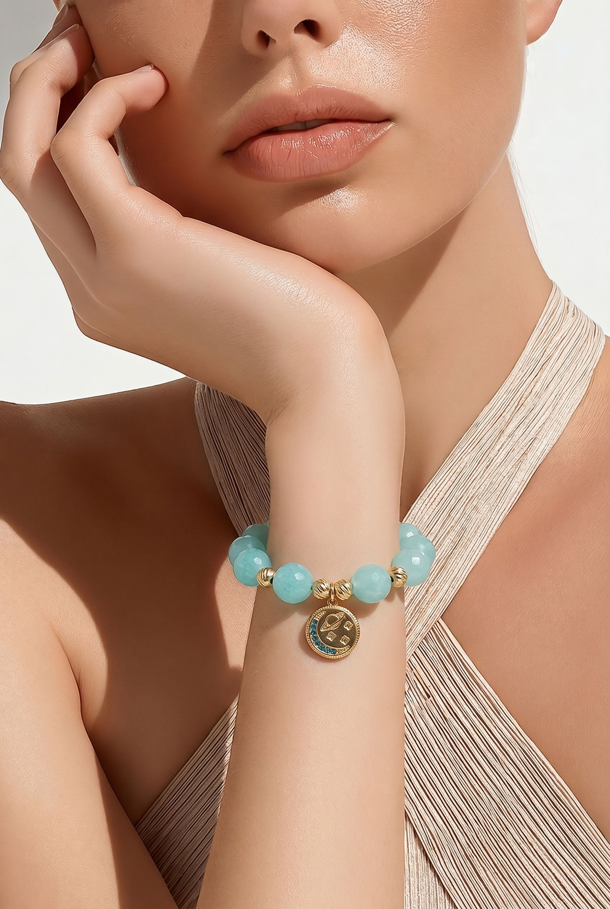 Handmade Natural Aquamarine Bracelet | Celestial Charm Gold-Plated Steel
