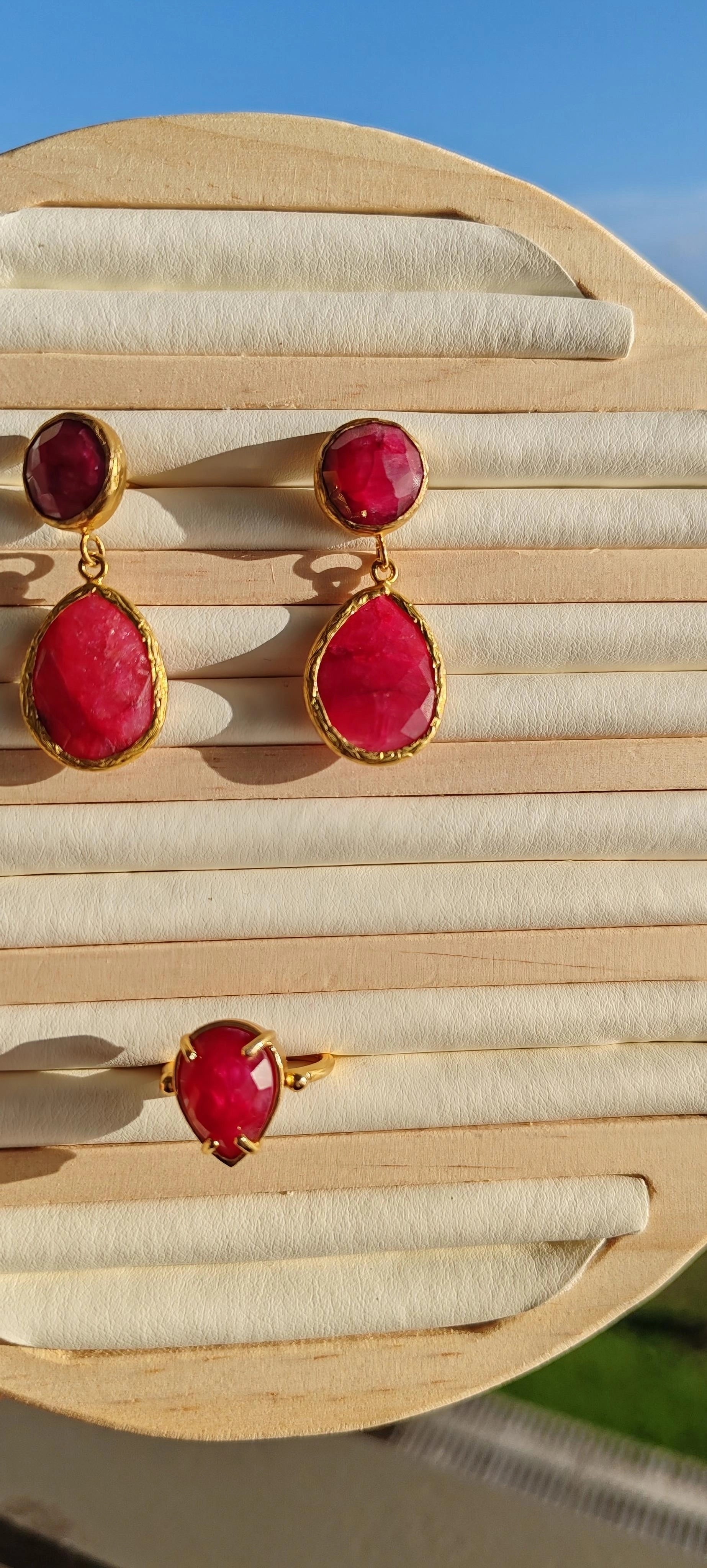 Raw Ruby & Gold Teardrop Set Earrings & Ring