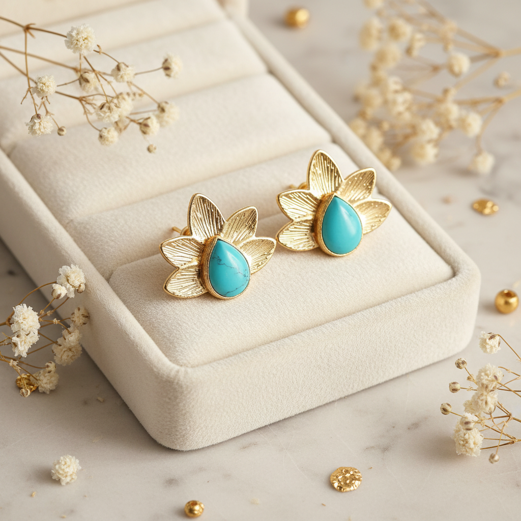 Gold Turquoise Earrings – 14K Gold Plated Flower Design