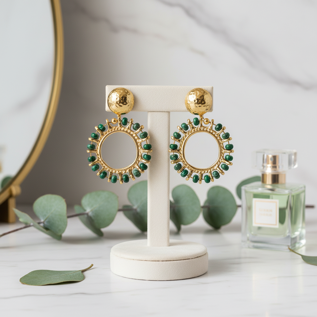 Green Variscite Halo Circle Earrings 18k Gold Plated