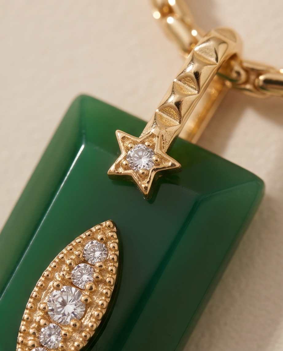 Rhodium Green Onyx Rectangle Pendant Necklace 60cm