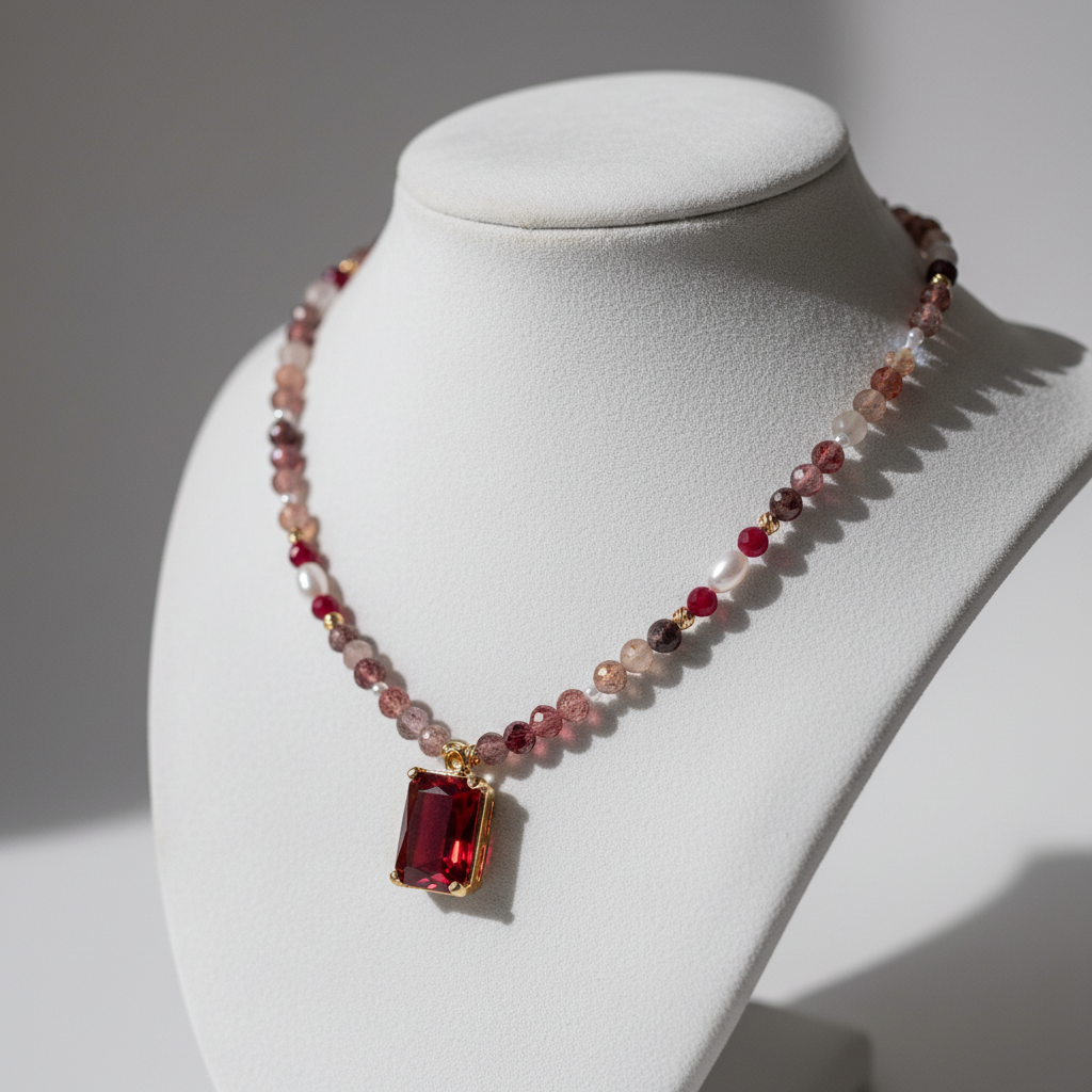 Cherry Quartz Necklace with Pearls & Zirconia, Gold Plated