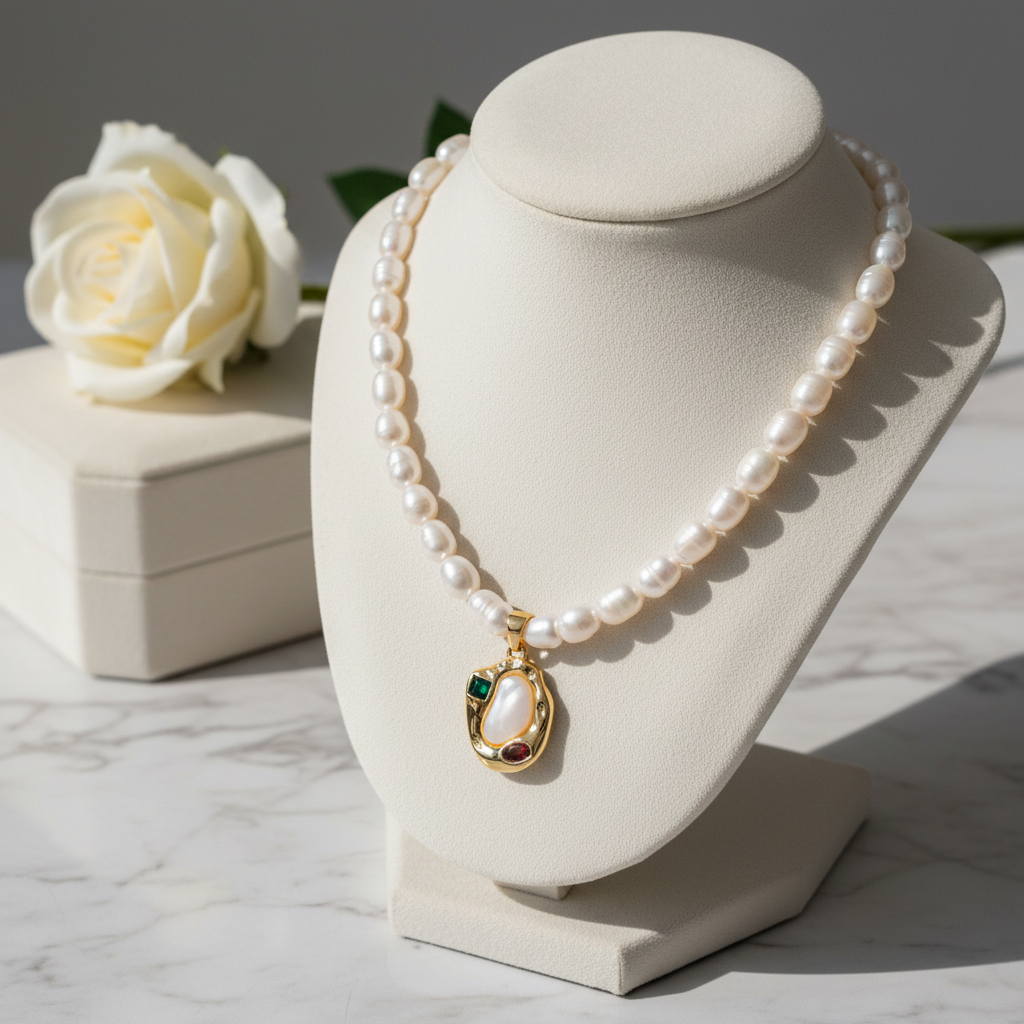 Natural Pearl Necklace with Gold Pendant – Handmade Elegance