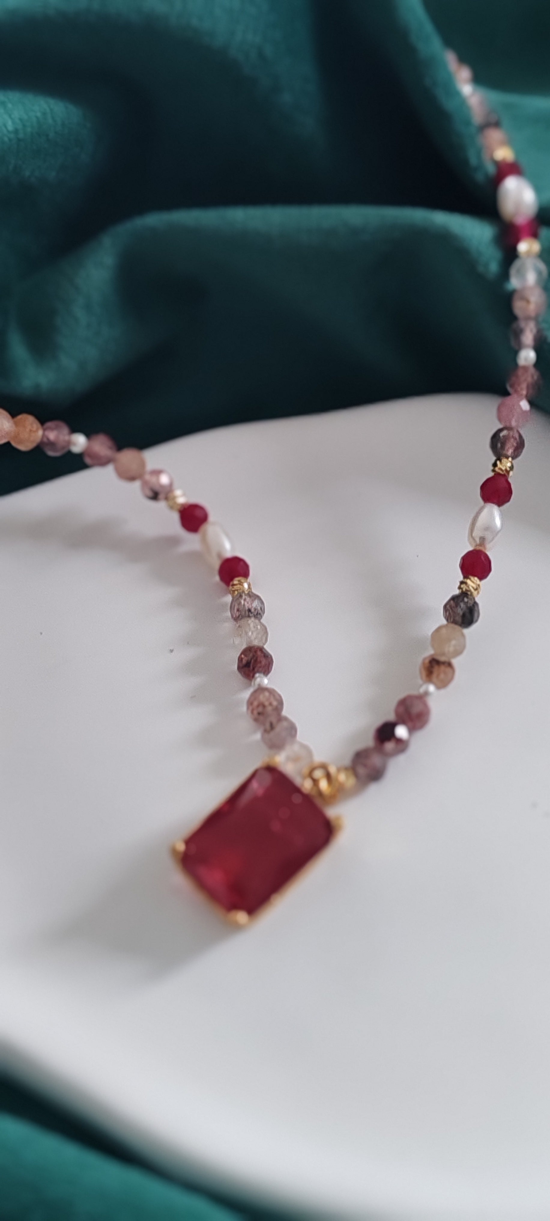 Cherry Quartz Necklace with Pearls & Zirconia, Gold Plated