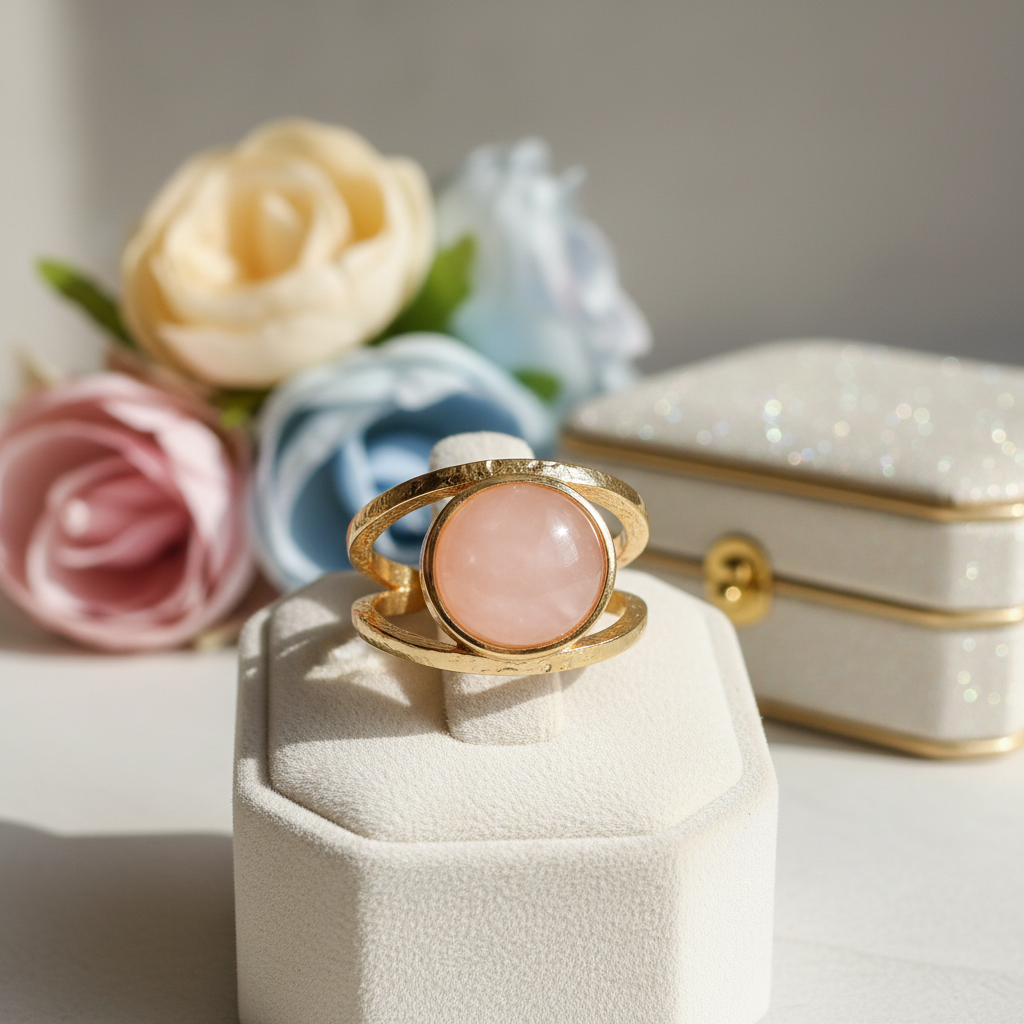 Rose Quartz Ring: 14k Gold Plated Adjustable Band