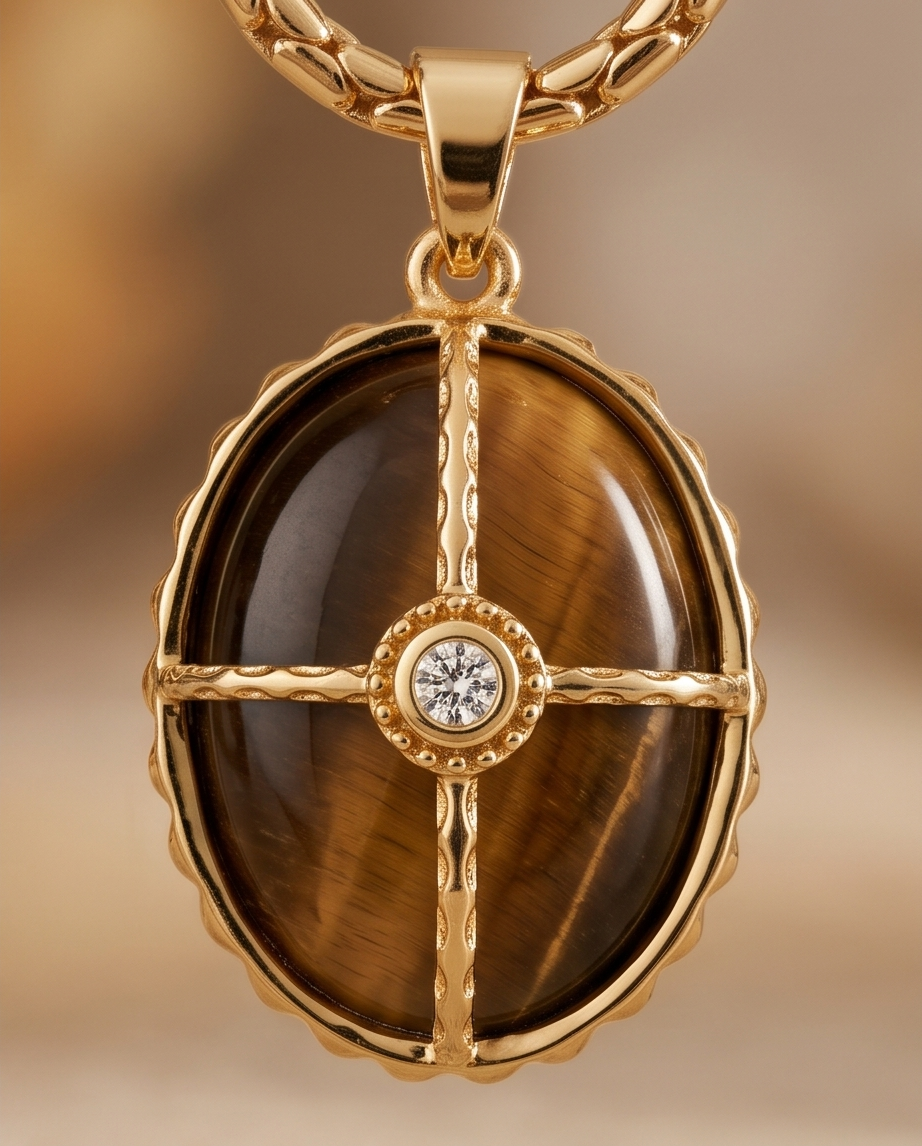 Rhodium Tiger's Eye Oval Pendant Necklace 60cm