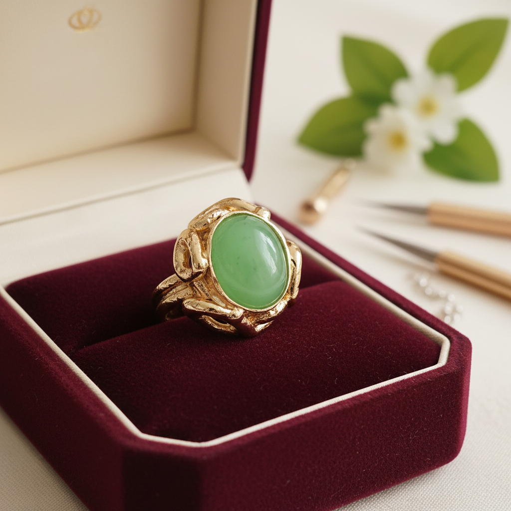 Handmade Gold Plated Jade Ring – Adjustable Boho Statement Jewelry, Gift for Her