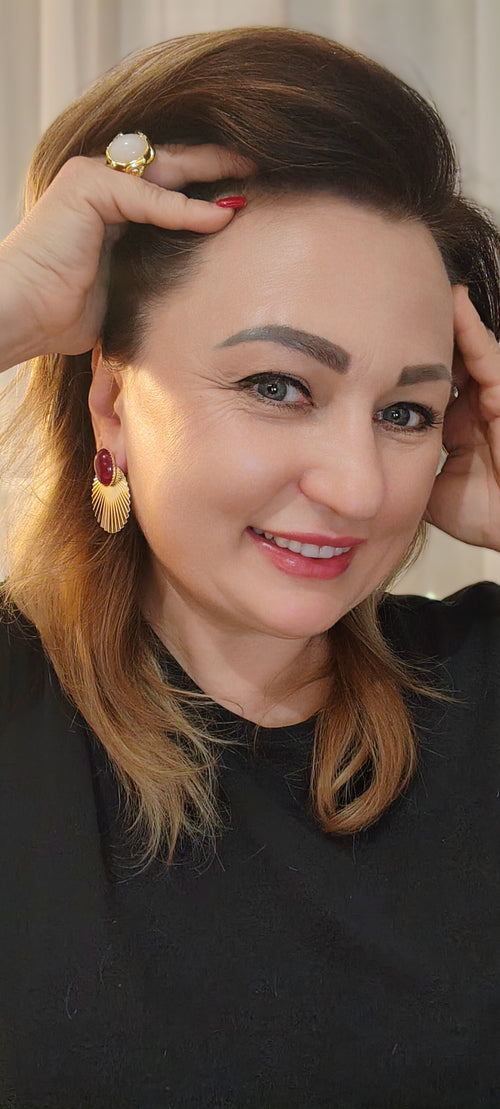 Gold Carnelian Fan Earrings: 14k Plated Statement Studs