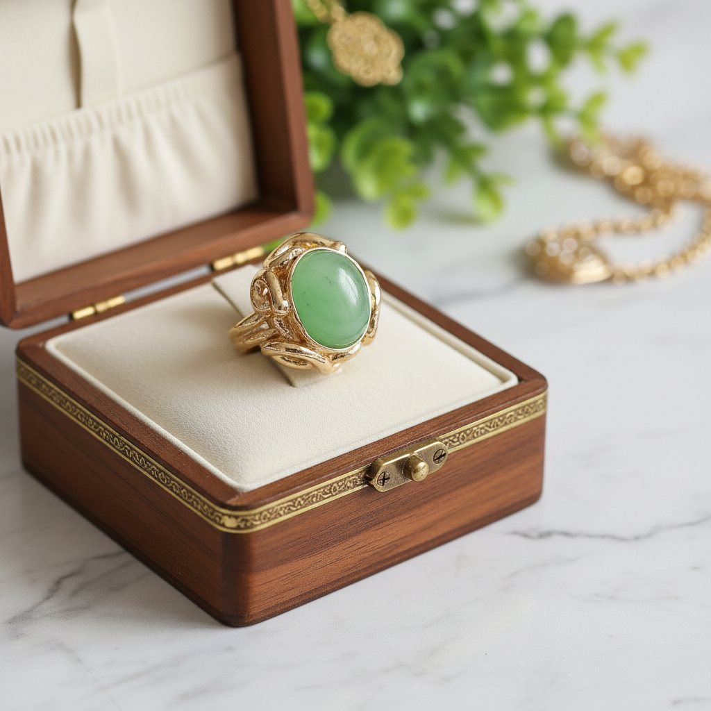 Handmade Gold Plated Jade Ring – Adjustable Boho Statement Jewelry, Gift for Her