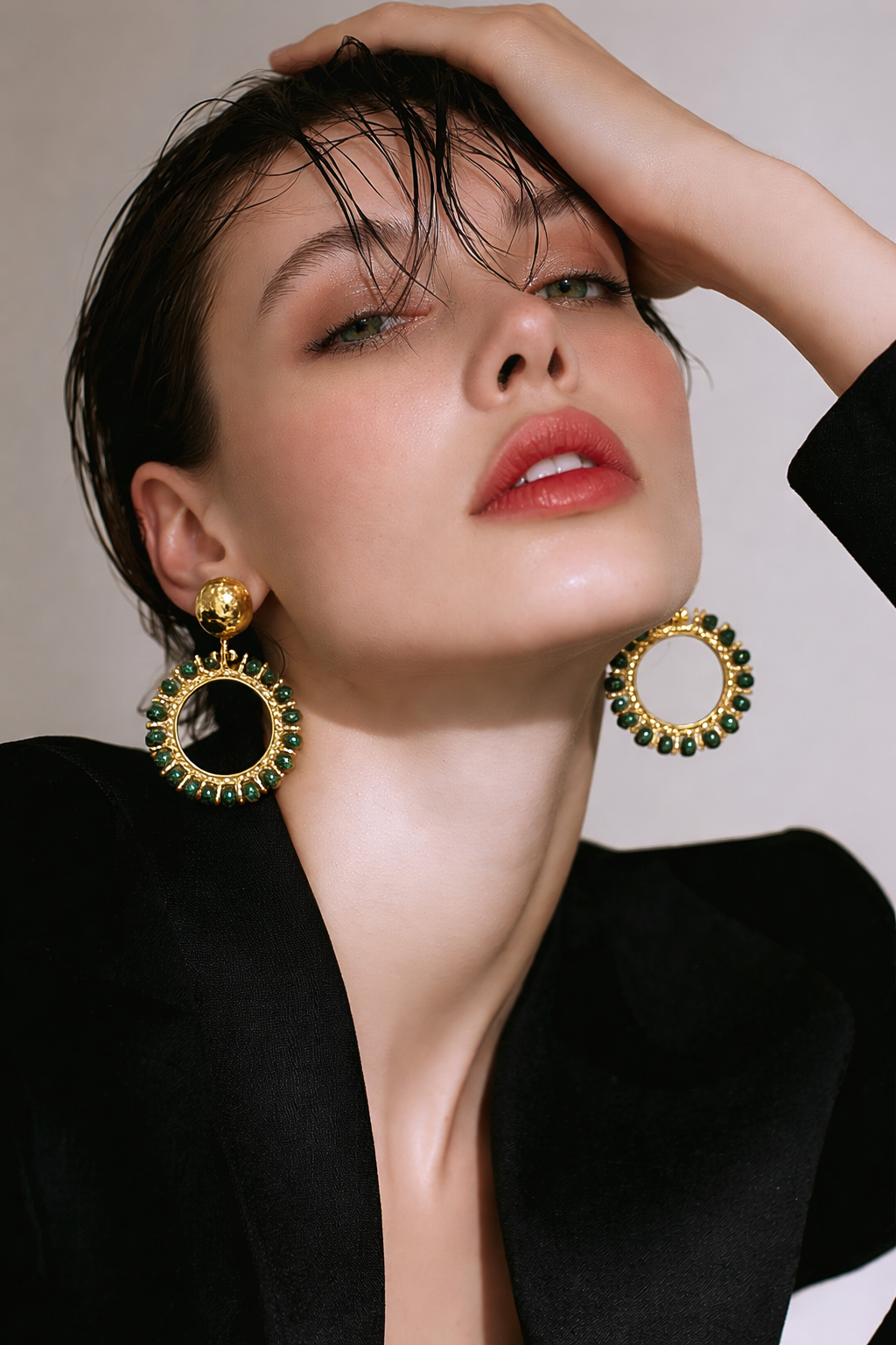 Green Variscite Halo Circle Earrings 18k Gold Plated