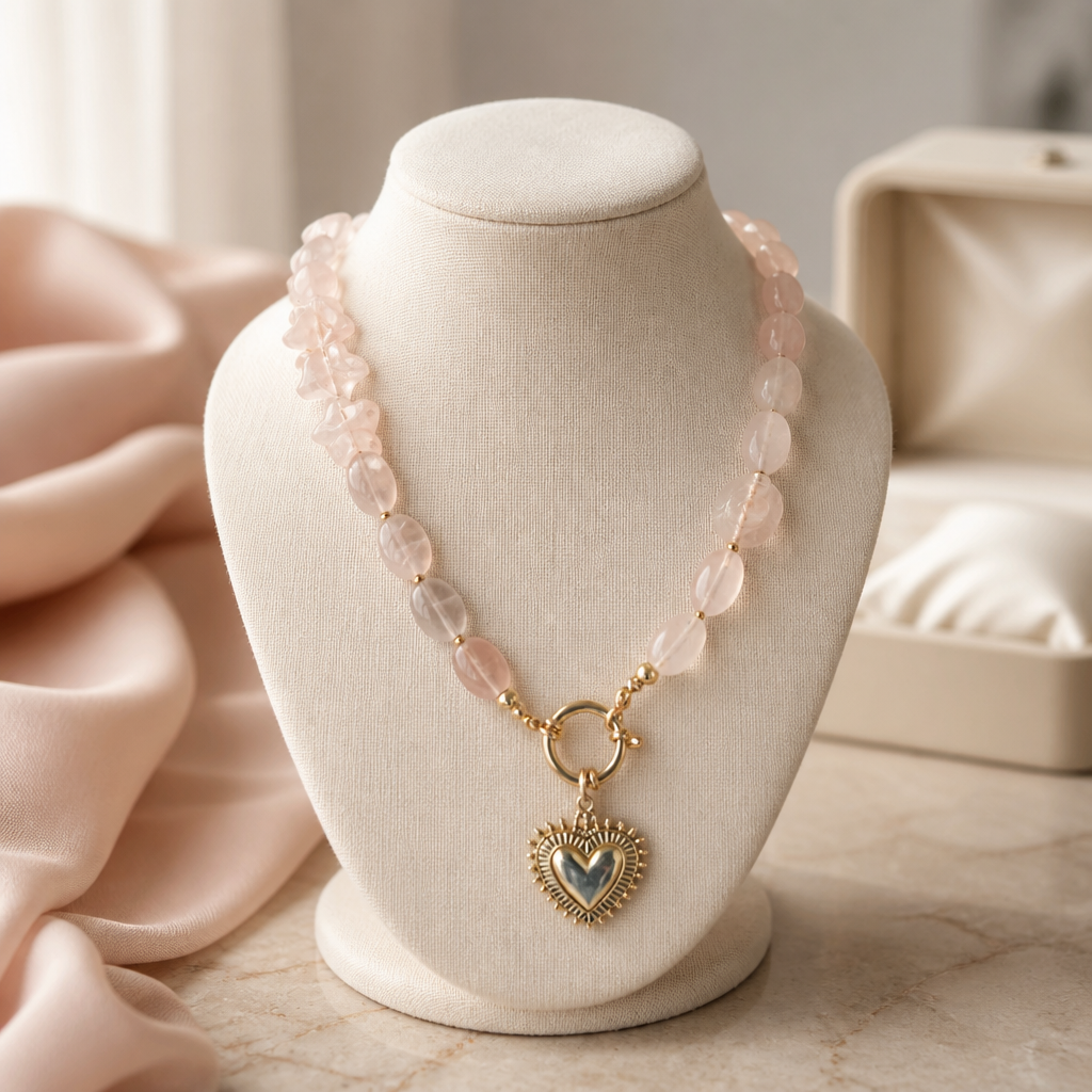 Rose Quartz Necklace | Gold Plated Heart Pendant