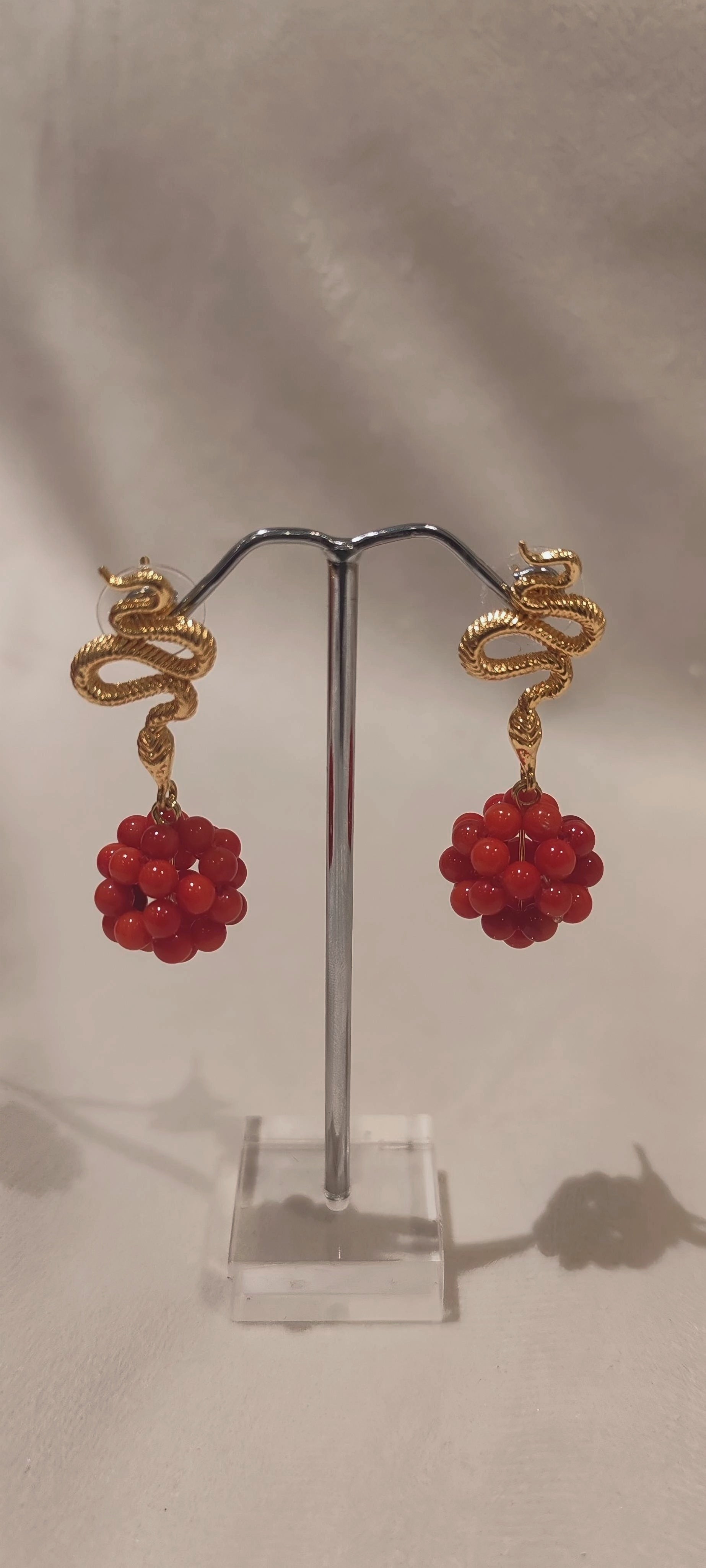 Red Coral & Gold Serpent Set  Necklace & Earrings