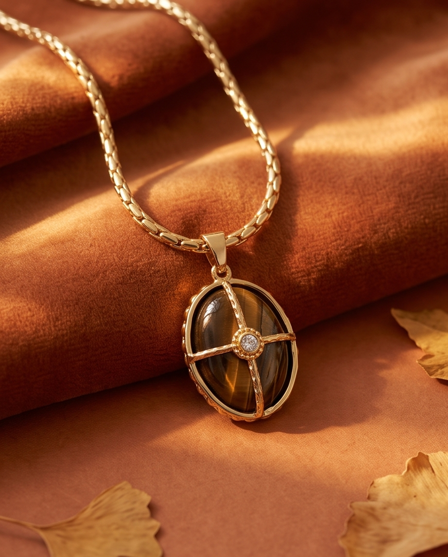 Rhodium Tiger's Eye Oval Pendant Necklace 60cm