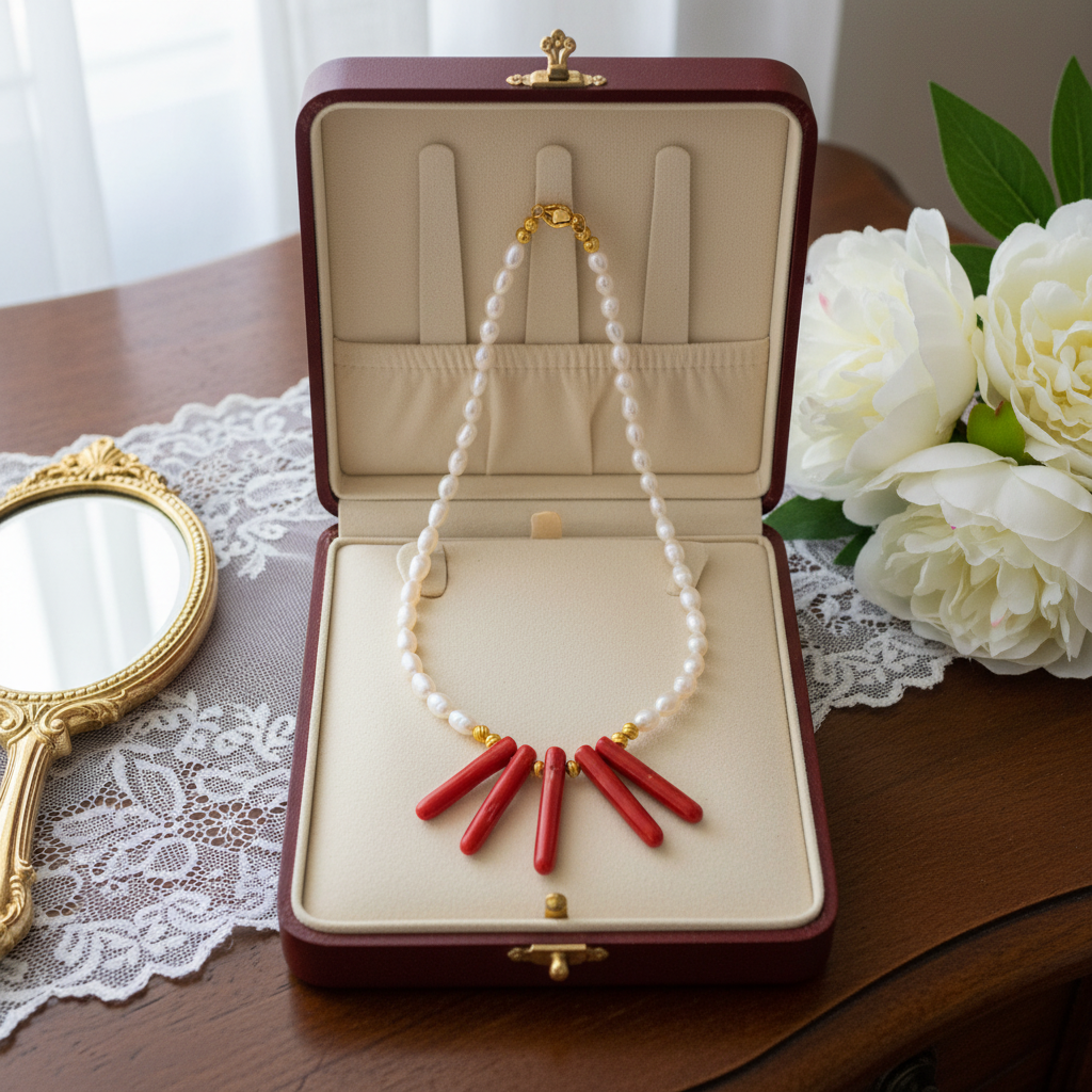 Pearl Necklace with Natural Coral