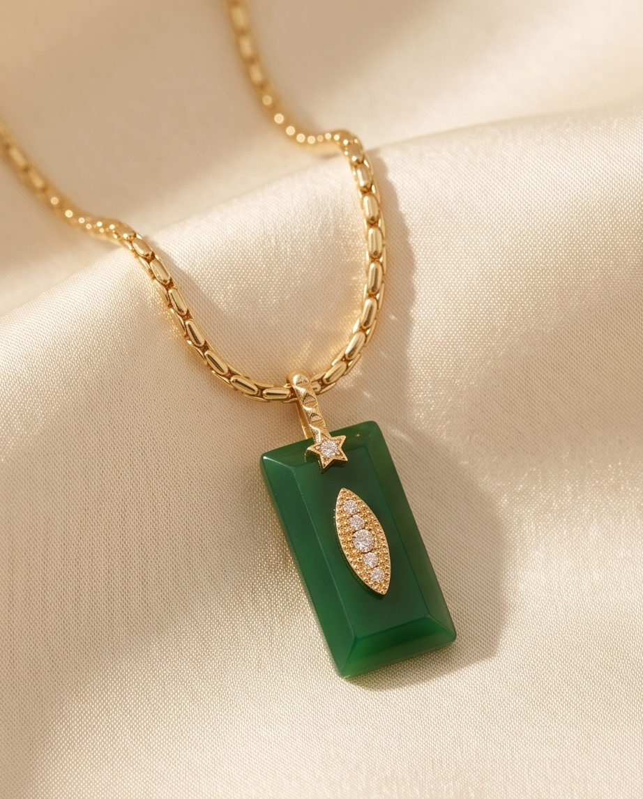 Rhodium Green Onyx Rectangle Pendant Necklace 60cm