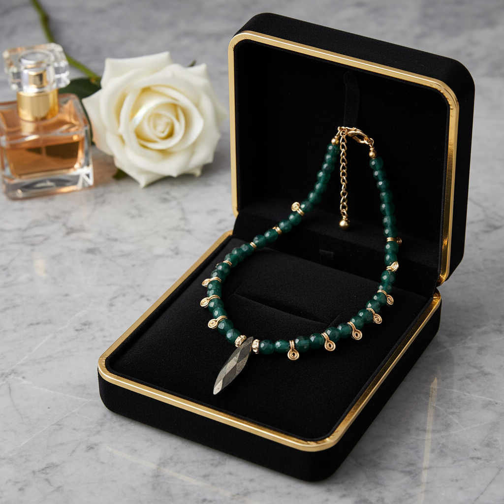 Green Agate Necklace with Hematite Pendant - Gold Plated