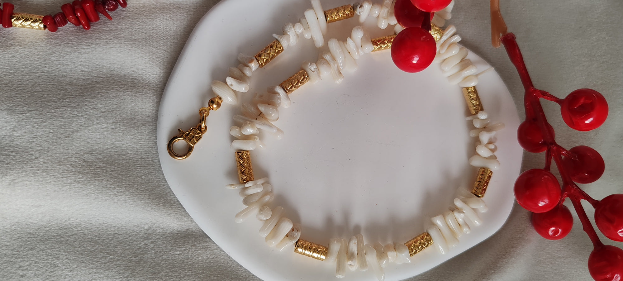 White Coral Choker & Bracelet Set  18k Gold Plated