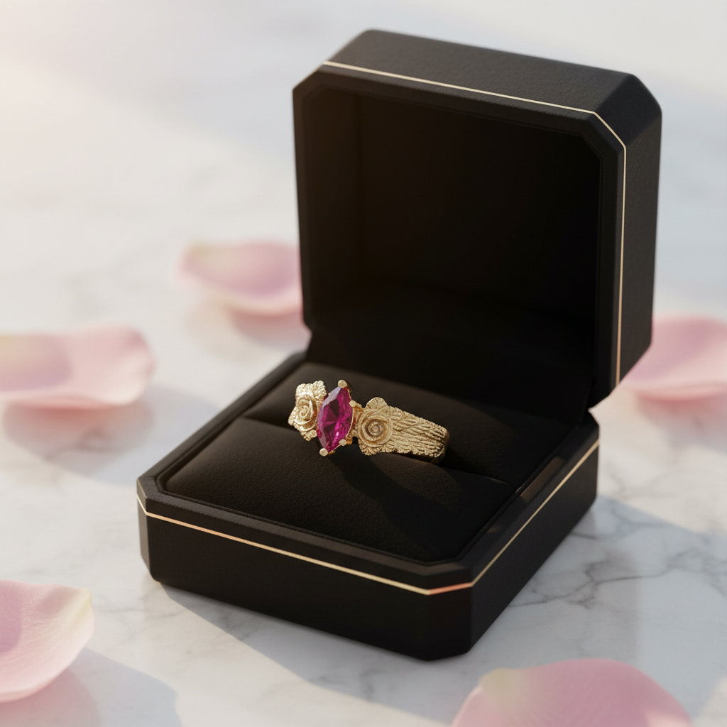 Floral Gold Ring with Pink Zirconia