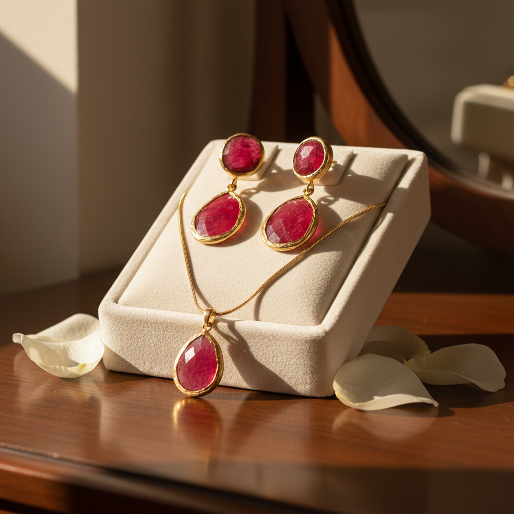 Raw Raspberry Ruby & Gold Teardrop Set - Earrings & Ring