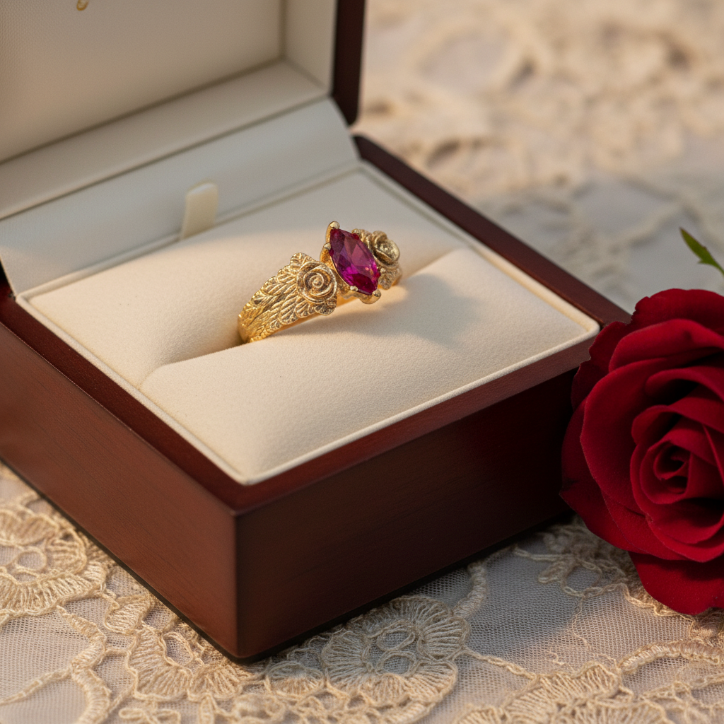 Floral Gold Ring with Pink Zirconia