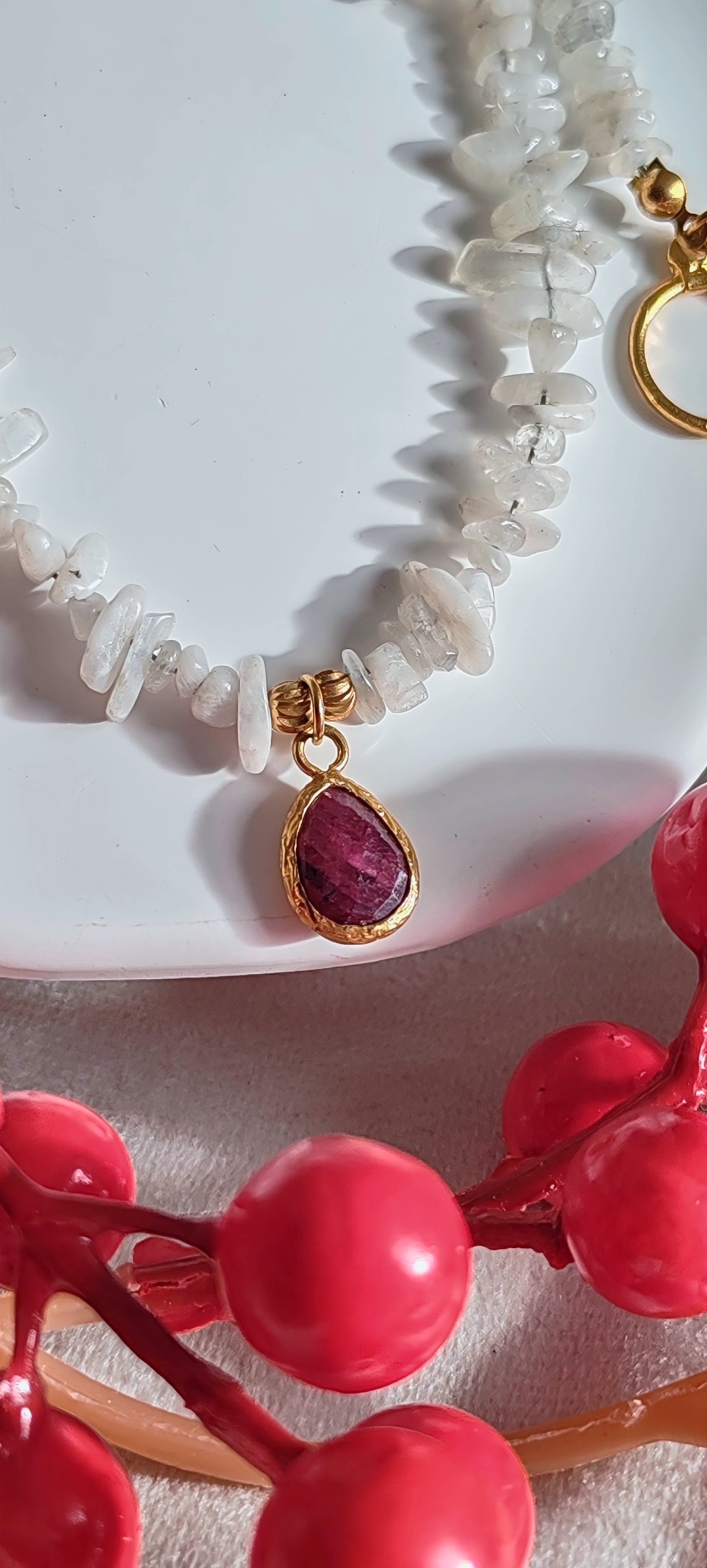 Moonstone & Ruby Choker Necklace  18k Gold Plated