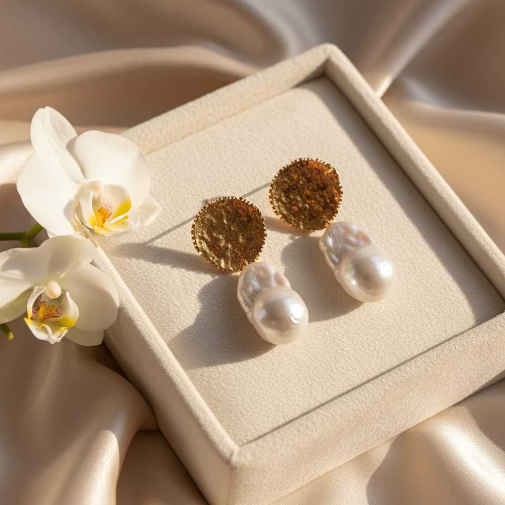Baroque Pearl Earrings with Textured Medallion - Gold Plated