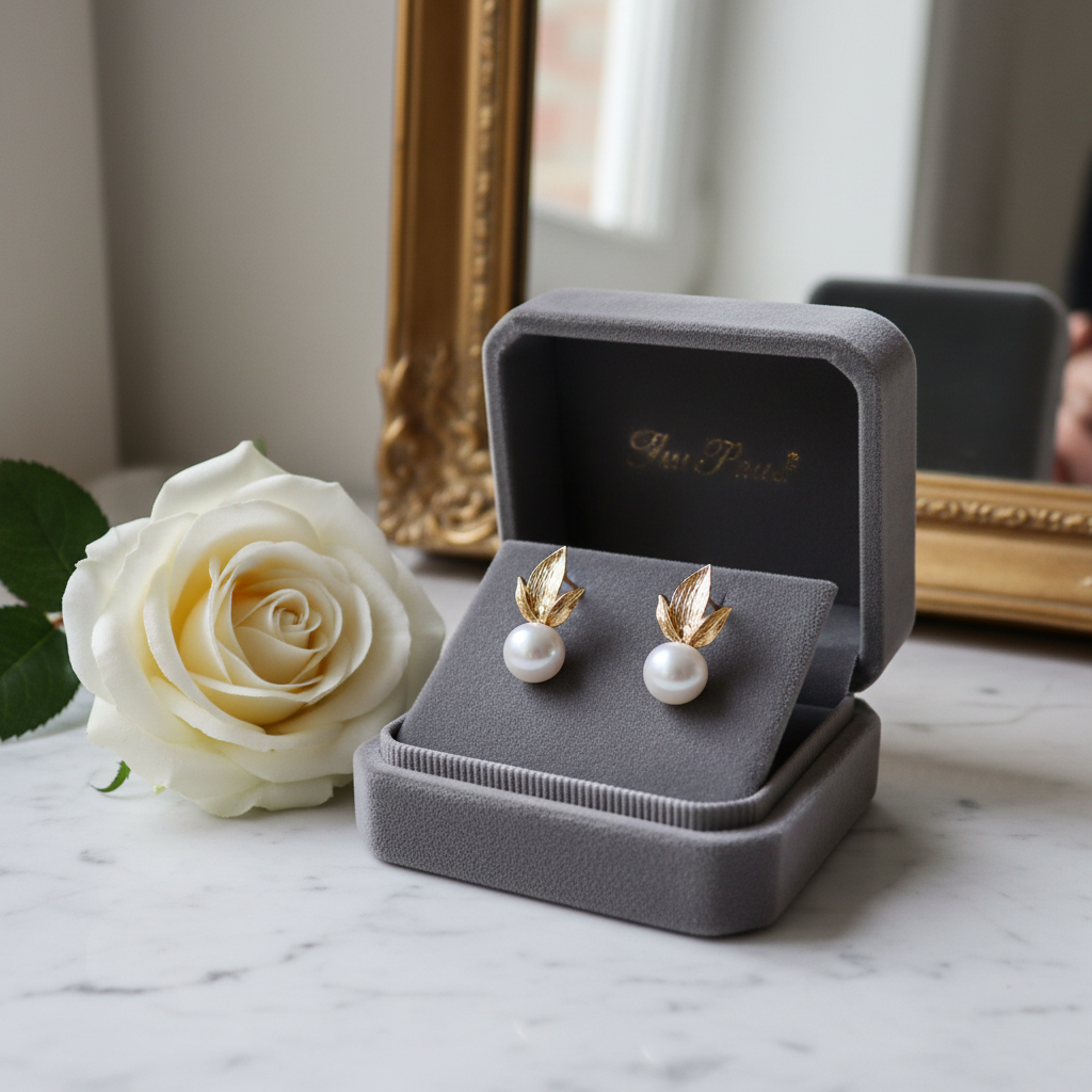 Gold-Plated Leaf Earrings with Genuine Pearl