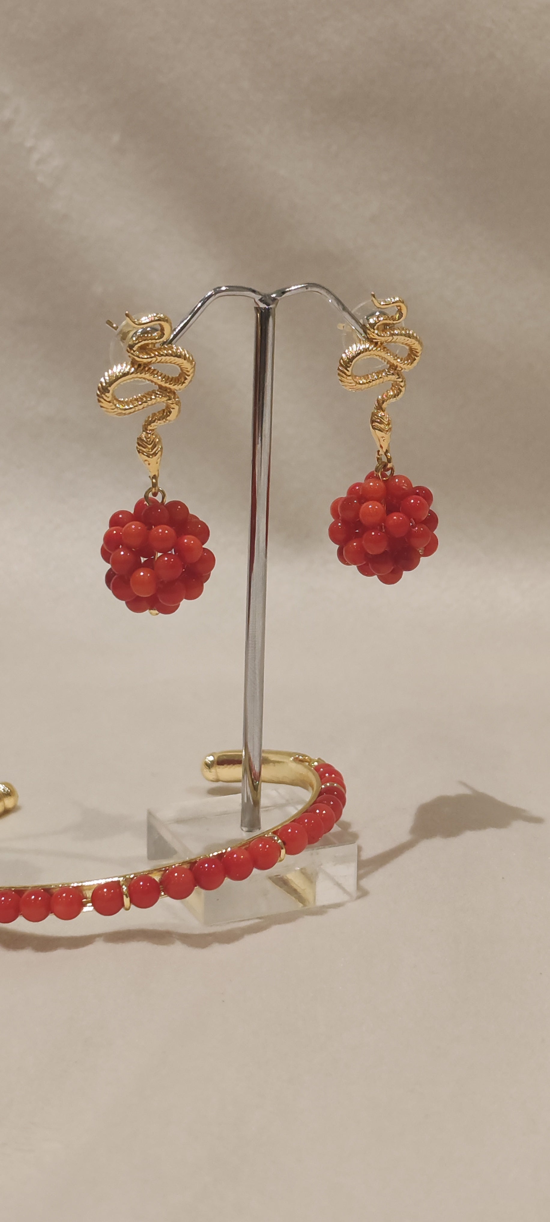 Red Coral & Gold Serpent Set  Necklace & Earrings
