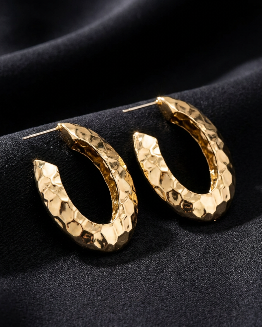 Luxury Oval Gold-Plated Earrings | Textured Hammered Surface | Timeless Style