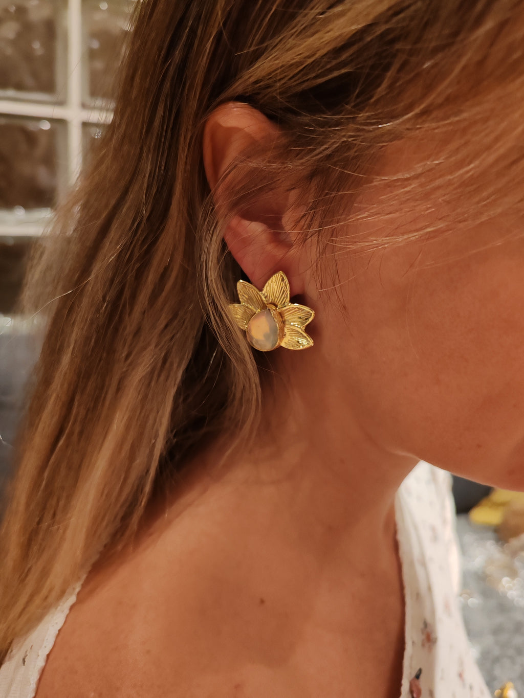Handmade 14k Gold Opal Flower Stud Earrings – Boho Jewelry, Statement Gift for Her
