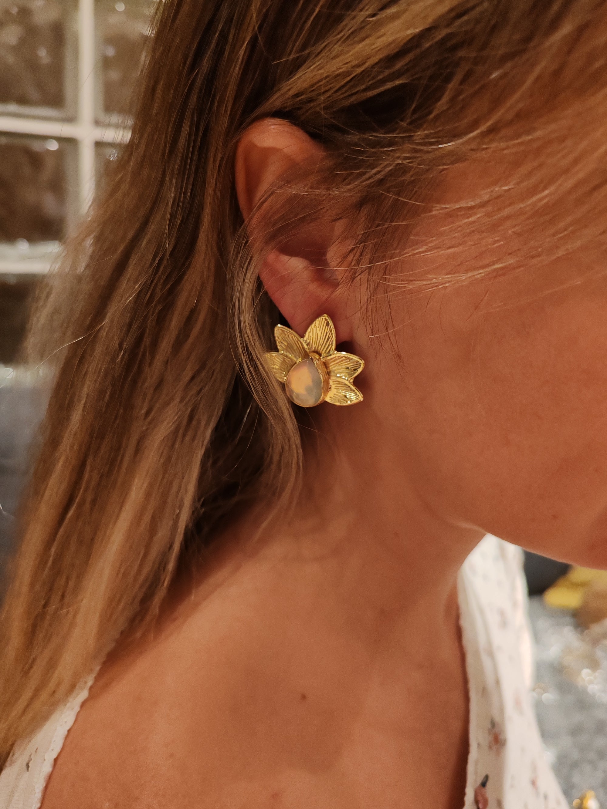 Handmade 14k Gold Opal Flower Stud Earrings – Boho Jewelry, Statement Gift for Her