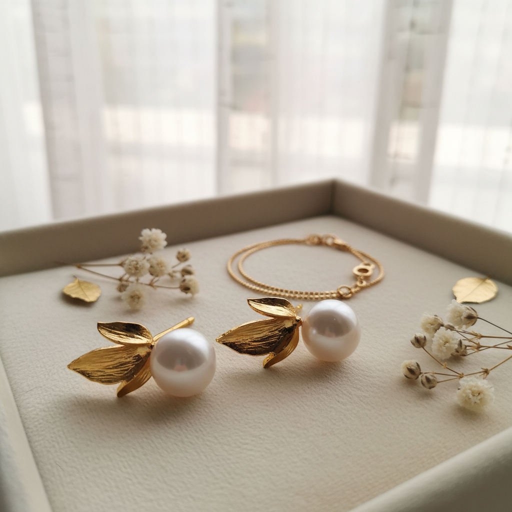 Gold-Plated Leaf Earrings with Genuine Pearl