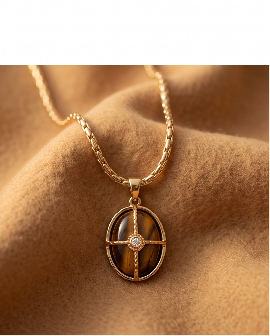 Rhodium Tiger's Eye Oval Pendant Necklace 60cm