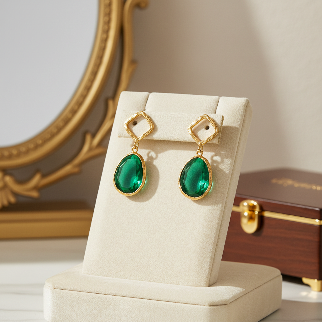 Green Cat's Eye Square Frame Earrings  18k Gold Plated