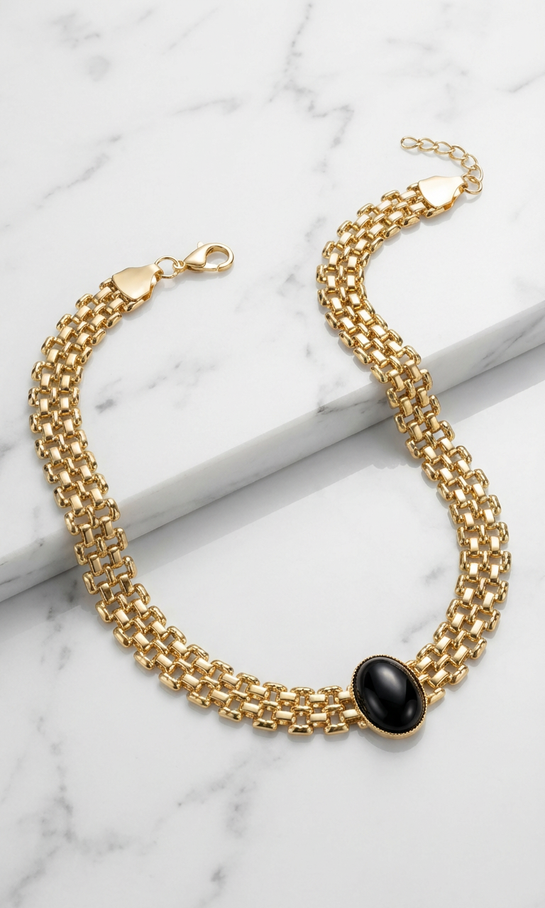 Stunning Vintage-Inspired Choker Necklace 37cm | Gold-Plated Brass with Beautiful Stone