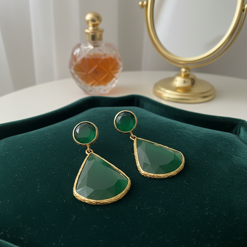 Green Cat's Eye Teardrop Earrings 18k Gold Plated