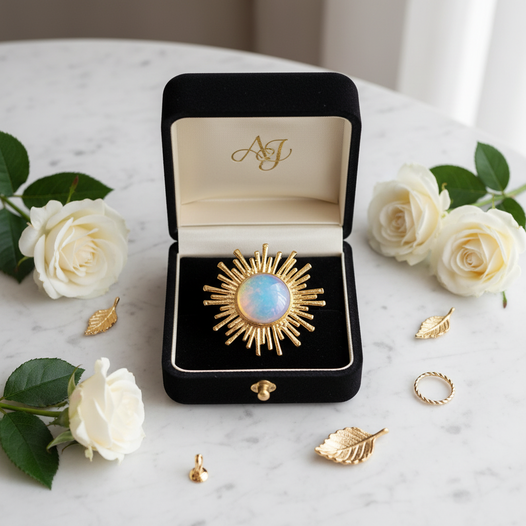 Handmade Gold-Plated Opal Sunburst Ring - Adjustable Boho Ring