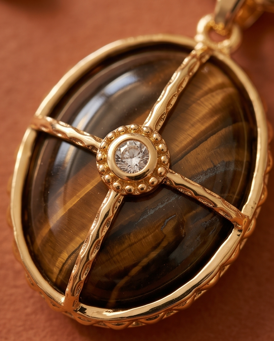 Rhodium Tiger's Eye Oval Pendant Necklace 60cm