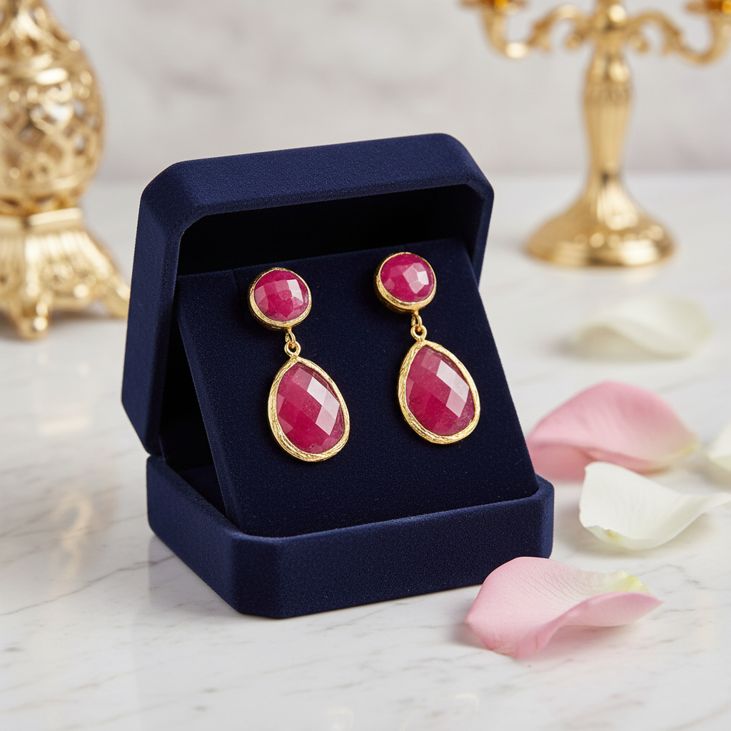 Raw Raspberry Ruby Drop Earrings 18K Gold Plated
