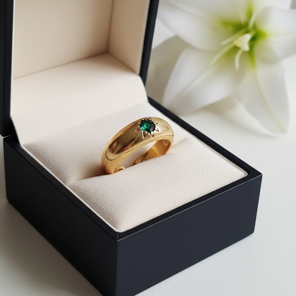 Wide Gold Band Ring with Green Zirconia