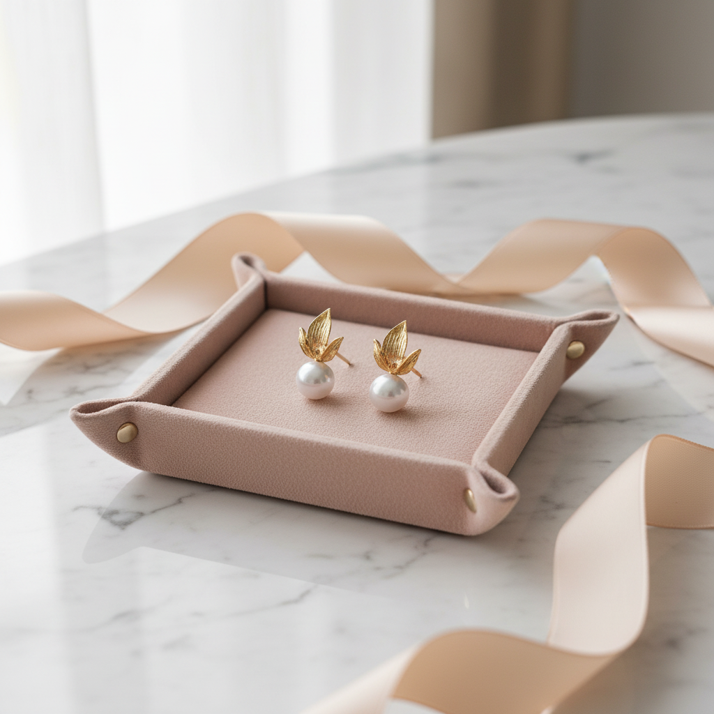 Gold-Plated Leaf Earrings with Genuine Pearl