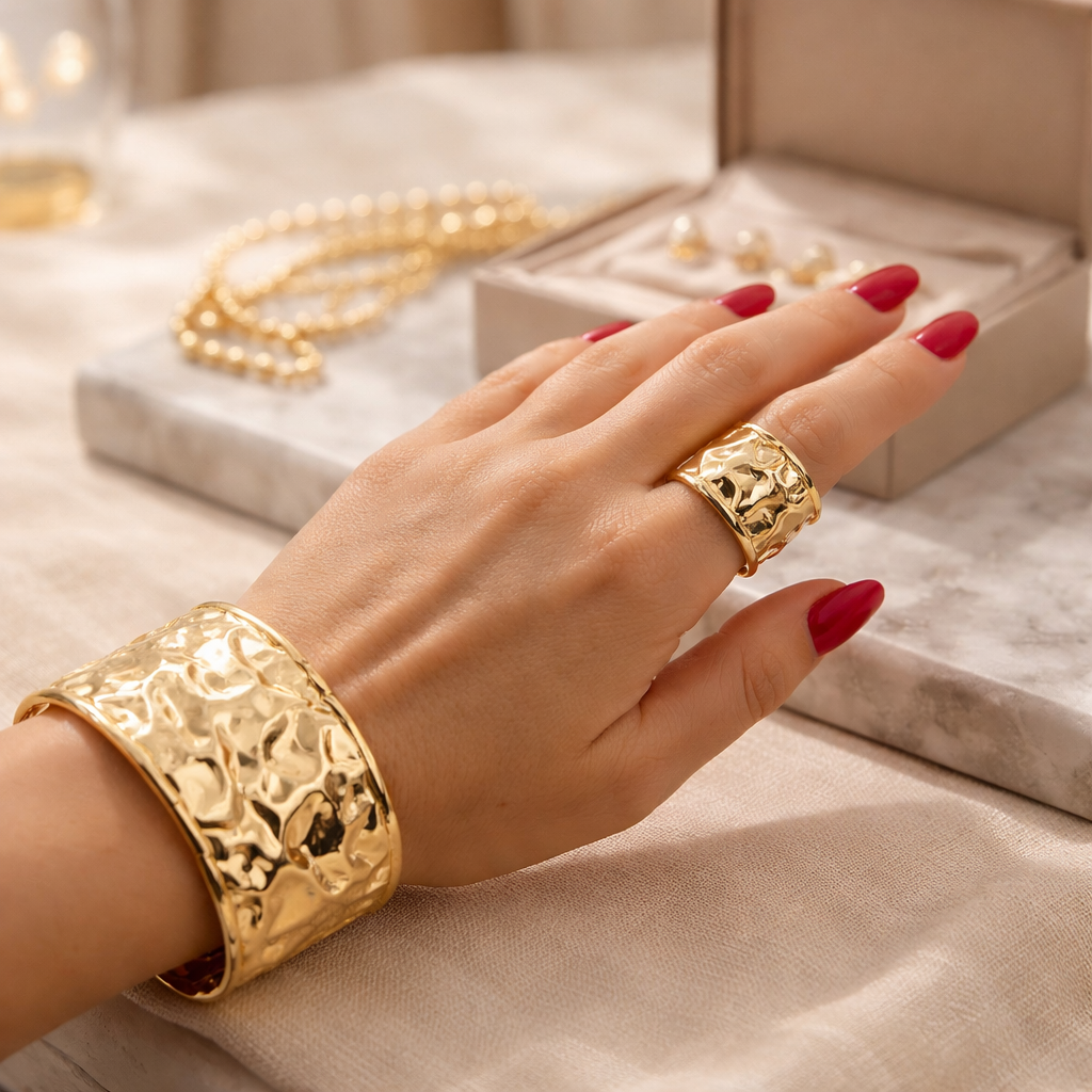 14K Gold Hammered Jewelry Set | Textured Cuff & Statement Ring
