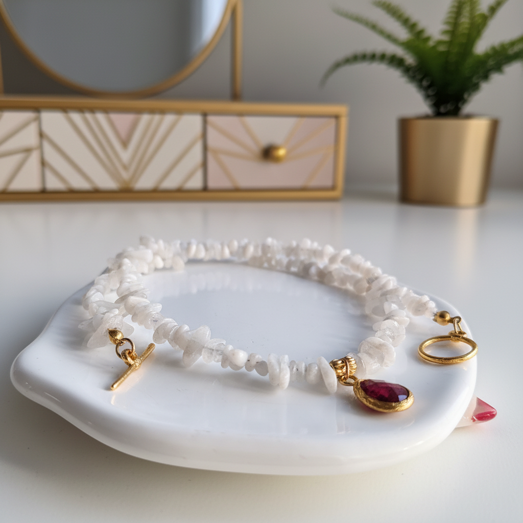 Moonstone & Raspberry Ruby Choker Necklace 18K Gold Plated
