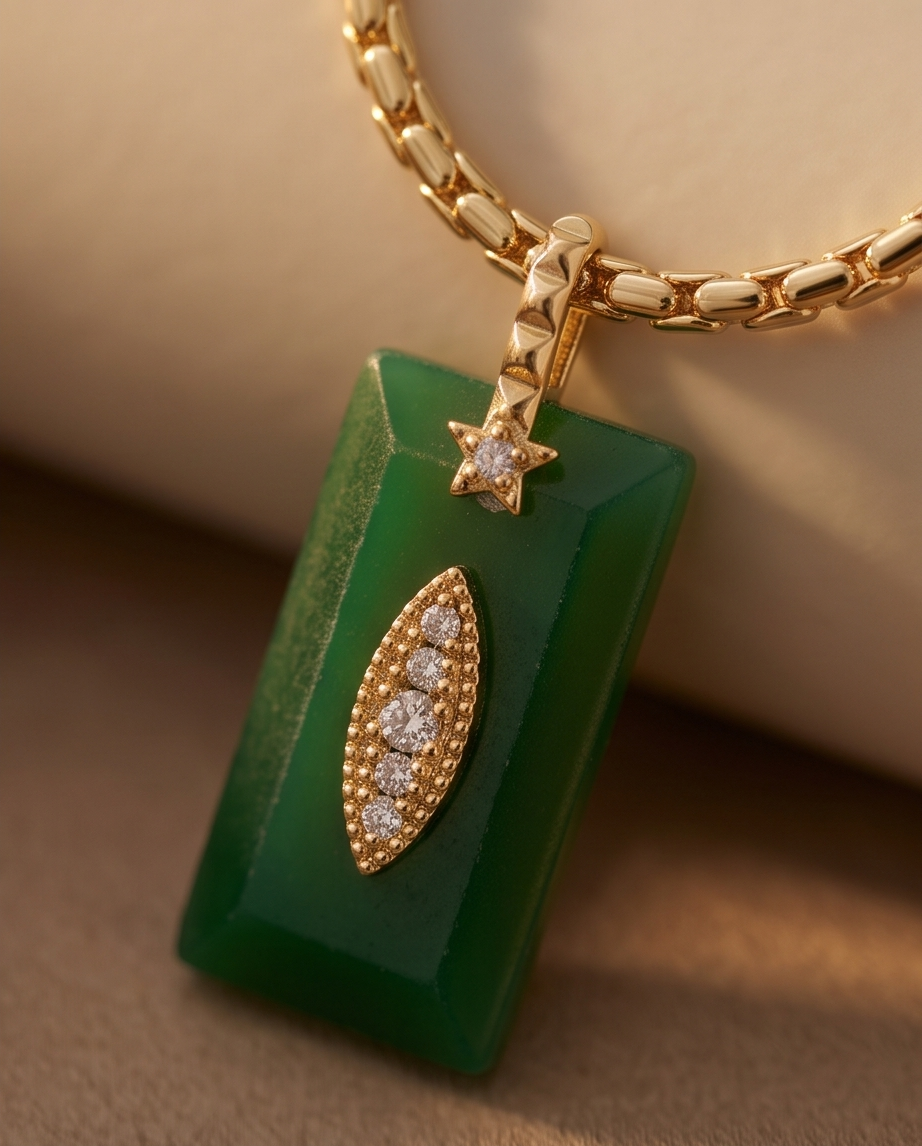 Rhodium Green Onyx Rectangle Pendant Necklace 60cm